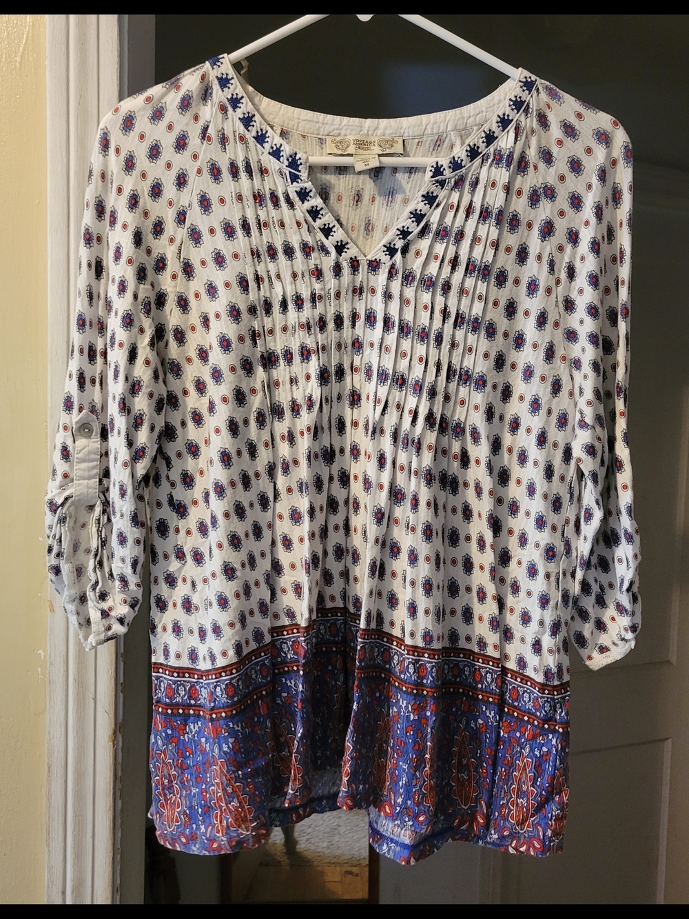Vintage America White Peasant Blouse with Blue & Red Border Print